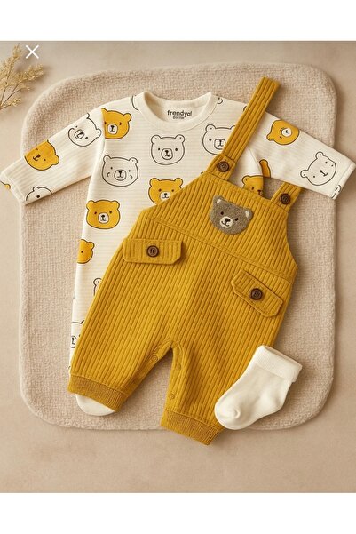 NAFİTTO Bear Embroidered Baby Boy Jumpsuit 3-Piece Jumpsuit Set - Bodysuit, Jumpsuit and Socks 3-6-9 -Month