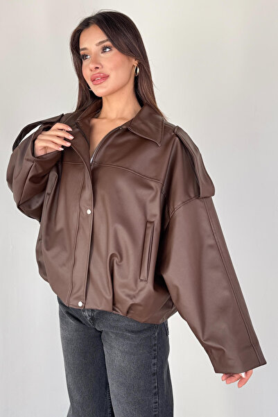 Cappmoda Ckt-2020 Brown Faux Leather Lined Oversized Jacket with Zipper and Buttons