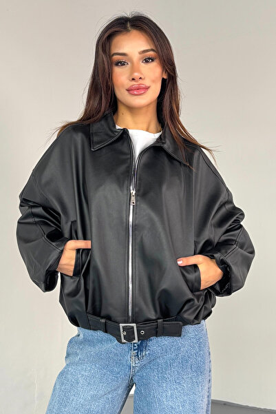 Cappmoda Ckt-2017 Black Faux Leather Belted Lined Oversize Jacket