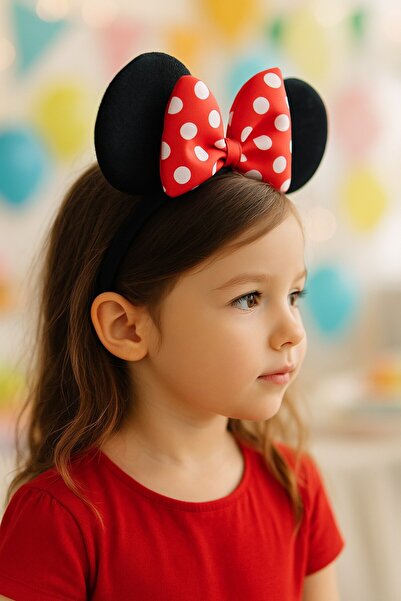 TOYFEST Minnie Mouse Kulaklı Taç – Puantiyeli Kırmızı Fiyonk Partı Kostüm Aks...