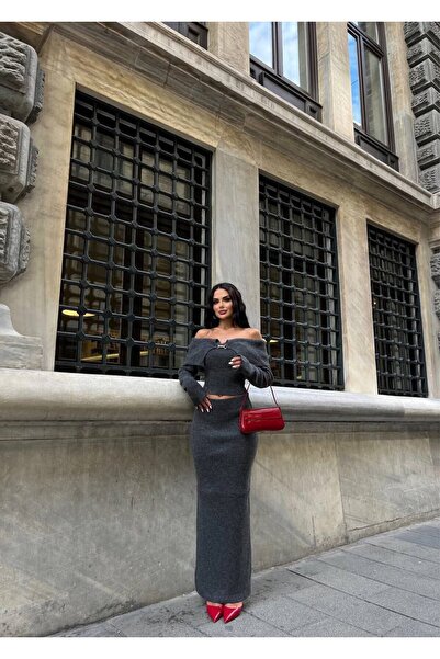 LB Laluna Butik Women's Madonna Collar Blouse and Skirt Knitwear Set