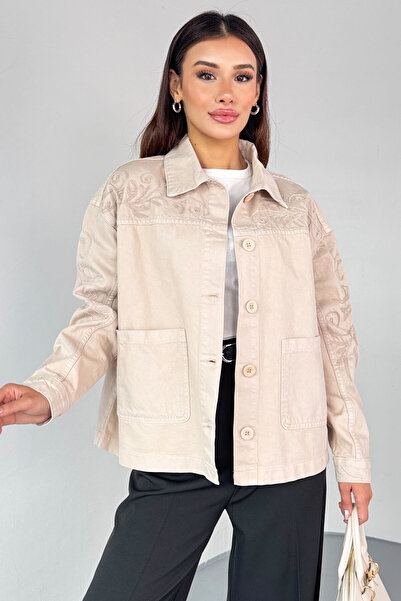 Cappmoda Ckt-2749 Stone Color Embroidery Detailed Pocketed Gabardine Jacket