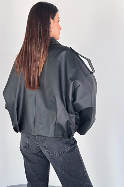 Cappmoda Ckt-2020 Black Faux Leather Lined Oversized Jacket with Zipper and Buttons