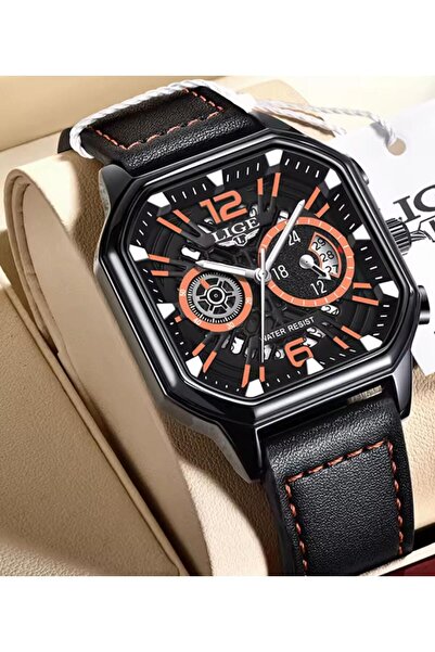 Lige Luxury Leather Cord Square Design 3 Atm Waterproof Multifunctional Men Wristwatch