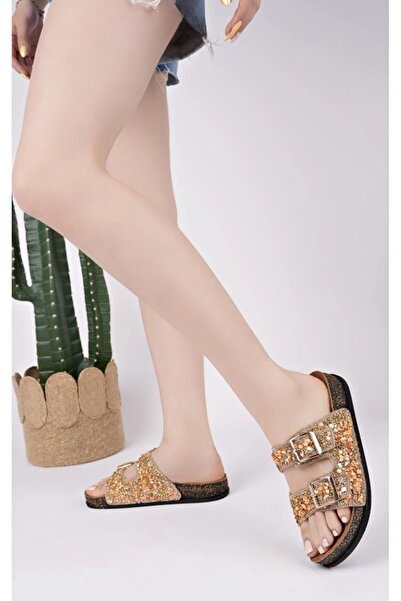 Kocamanlar Ayakkabı Feles Double Buckle Cork Sole Stone Detailed Women's Slippers Gold