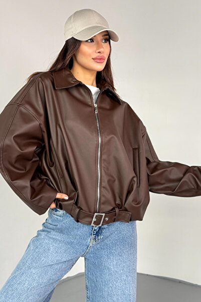 Cappmoda Ckt-2017 Brown Faux Leather Belted Lined Oversize Jacket