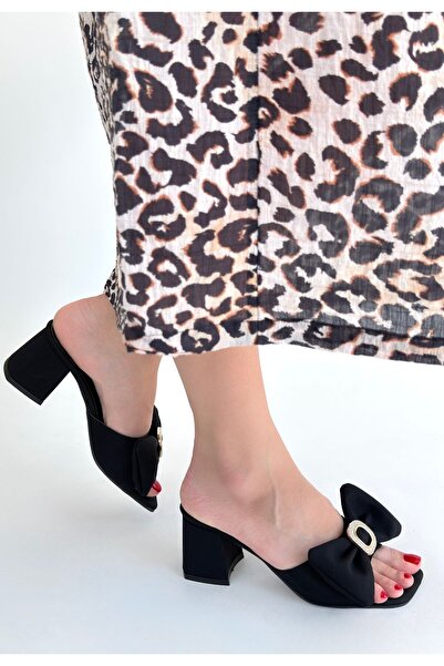 Erbilden Niyyar Black Leather Heeled Slippers