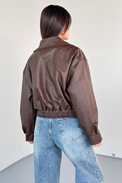 Cappmoda Ckt-2016 Brown Faux Leather Zippered Waist Elastic Cropped Model Jacket