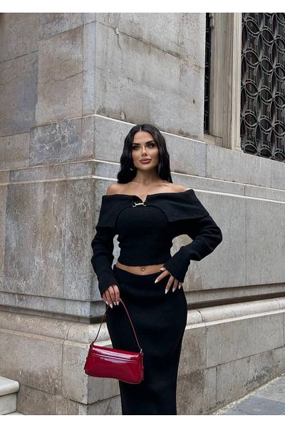 LB Laluna Butik Women's Madonna Collar Blouse and Skirt Knitwear Set
