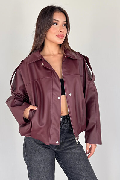 Cappmoda Ckt-2020 Burgundy Faux Leather Lined Oversized Jacket with Zipper and Buttons
