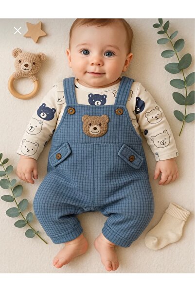 NAFİTO Ayı Nakışlı Erkek Bebek Tulum 3’lü Tulum Seti Zıbın , Tulum ve Çorap 3-6-9 ay 1444