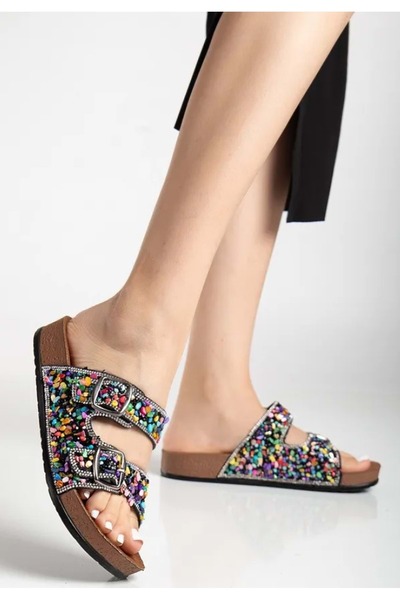 Kocamanlar Ayakkabı Feles Double Buckle Cork Sole Stone Detailed Women's Slippers Black