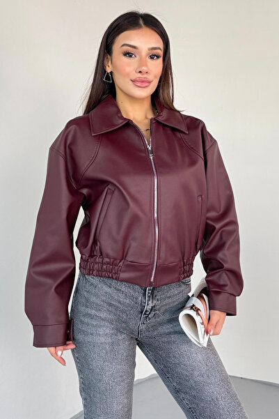 Cappmoda Ckt-2016 Burgundy Faux Leather Zippered Waist Elastic Cropped Model Jacket
