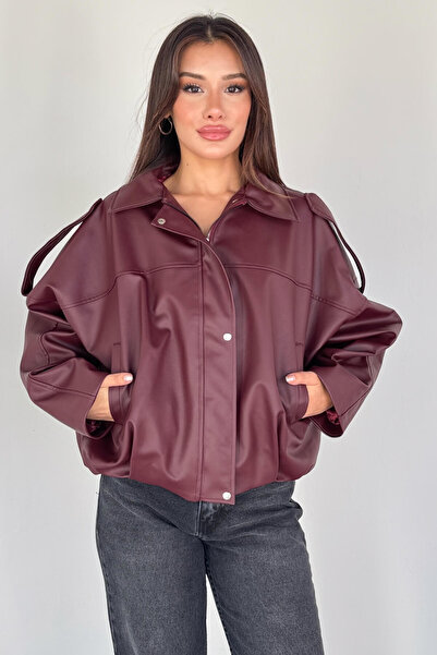 Cappmoda Ckt-2020 Burgundy Faux Leather Lined Oversized Jacket with Zipper and Buttons