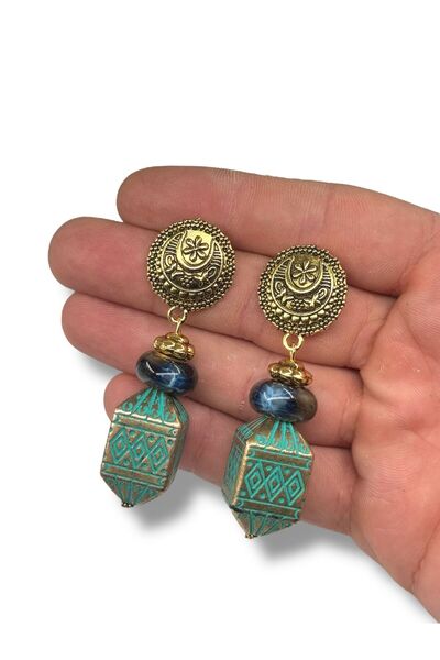 dela otantik Handmade Turquoise and Gold Color Bohemian Dangle Earrings – Authentic Ethnic Big Stone Bijoux Jewelry