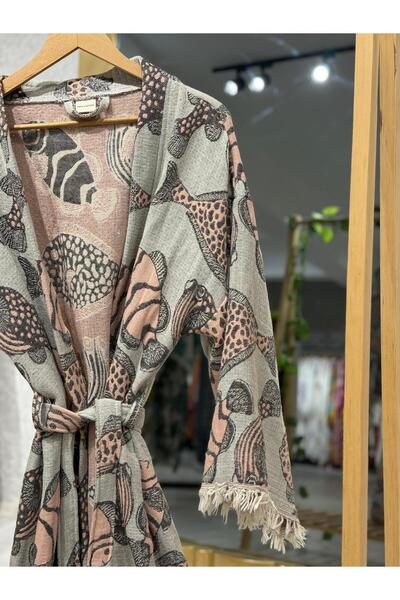 Befera Design Muslin Kimono 100% Cotton Fish Patterned Jacquard Bathrobe Kaftan Dressing Gown