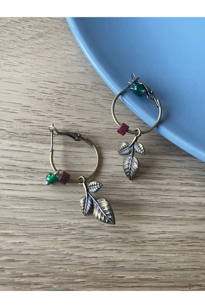 dela otantik Handmade Leaf Pattern Hoop Earrings - Nature Themed Authentic Bohemian Bijoux Jewelry - Leaf Earrings
