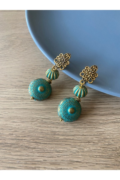 dela otantik Handmade Turquoise and Gold Color Bohemian Dangle Earrings – Authentic Ethnic Big Stone Bijoux Jewelry