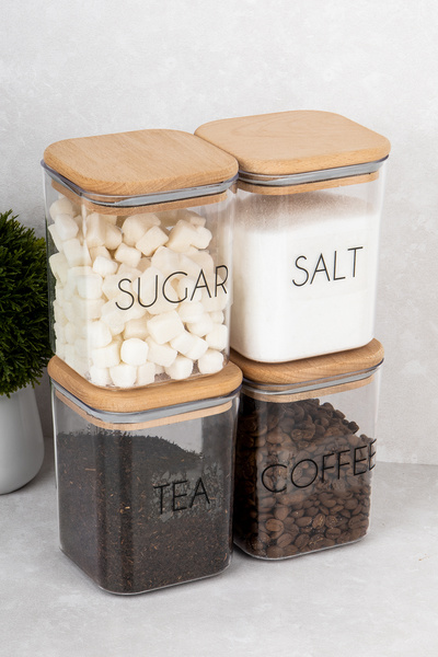 DNS HOME 4 Pieces Storage Container Wooden Vacuum Lid Tea Sugar Coffee Salt Jar with Label Gift Mica 900 ml