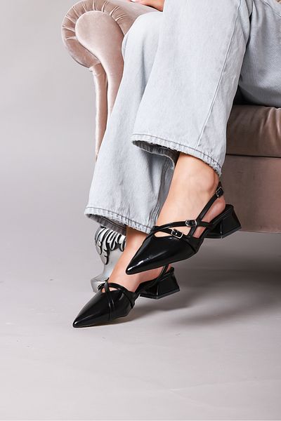 Elvuq Women's Black Patent Leather Mary Jane Cross Strap Open Back Short Heeled Shoes