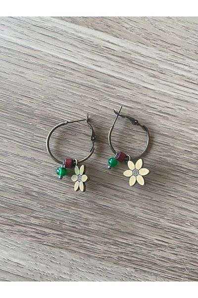 dela otantik Handmade Flower Patterned Hoop Earrings - Nature Themed Authentic Bohemian Bijoux Jewelry - Floral Earrings