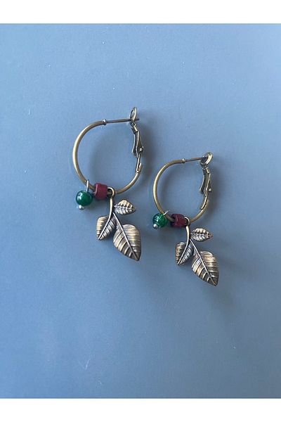 dela otantik Handmade Leaf Pattern Hoop Earrings - Nature Themed Authentic Bohemian Bijoux Jewelry - Leaf Earrings