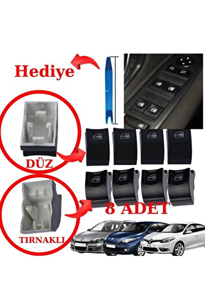 ZETOTO Fluence Megane 3 Laguna 3 Cam Düğmesi Seti Sağ Sol Ön Arka 8 Adetli Set