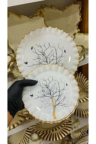 GÜRCÜGLASS Ağaç 7 Parça Pasta İkram Seti 1 Adet Servis Tabağı 6 Adet Pasta Ta...