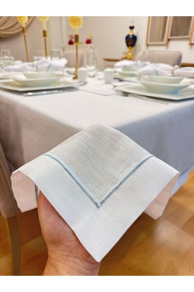 Zeren Home Piko Processing Detailed Silvery White Carefree Table Cloth + 12 Napkins