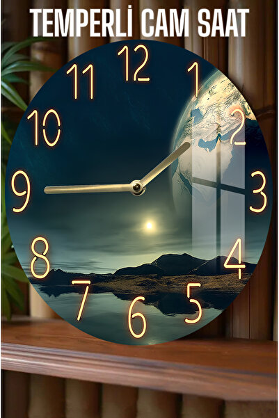 kutuTR Dünya & Uzay Manzaralı 3D Görünümlü Temperli Cam Saat – 33 cm CSDW414
