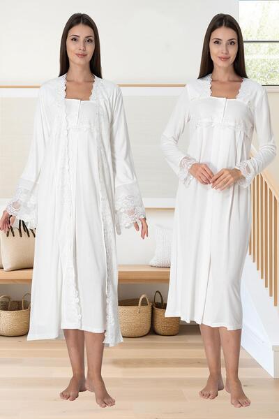 Lohussa Γυναικείο Σετ Νυχτικό Νυχτικό Μακρυμάνικο Μακρυμάνικο Σετ Νυχτικό Μητρότητας Εκρού Ειδικού Σχεδίου