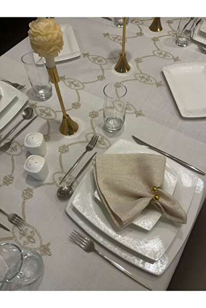 Zeren Home Glitter Gold Embroidery Detailed Carefree Tablecloth Off White + 6 Gold Napkins