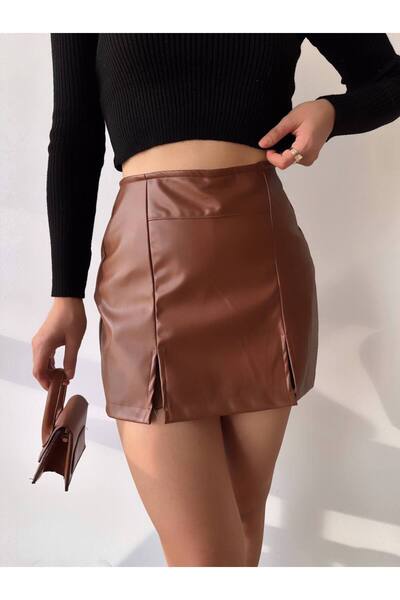 Bleu Petite Double Slit Faux Leather Women's Shorts Skirt