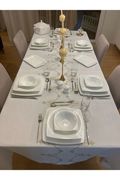 Zeren Home Glitter Gold Embroidery Detailed Carefree Tablecloth Off White