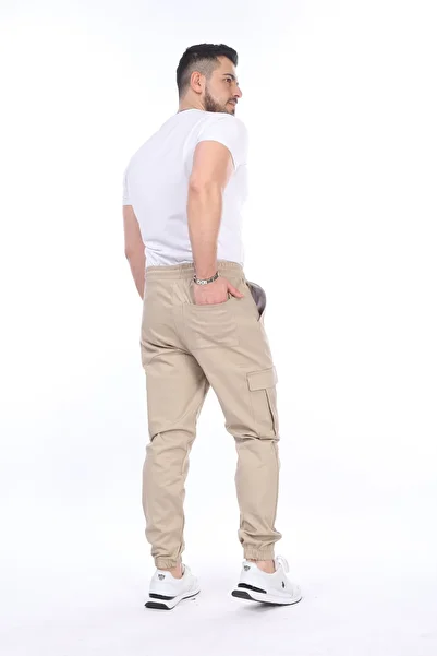 VIKUNYA Men's Ecru Jogger Cotton Lycra Cargo Pants with Elastic Waist and Legs Gabardine Cargo Pocket Trousers