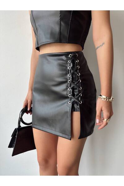 Bleu Petite Faux Leather Women's Skirt with Bird's Eye Detail