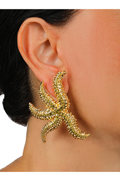 Alara Çetinkaya Yağ Yeşili Zirkon Taş Deniz Yıldızı Tasarım Gold Küpe