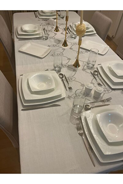 Zeren Home Gray Embroidery Detailed Worry-Free Table Cloth Off White + 12 White Napkins