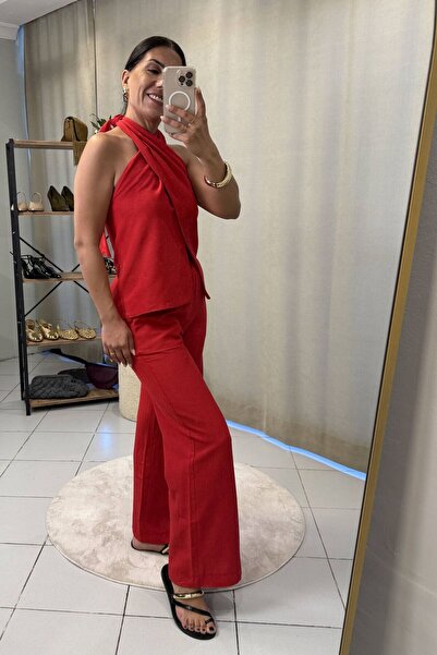 Bucle By Gizem Boyundan Bağlamalı Bluz Pantolon Takım Kırmızı