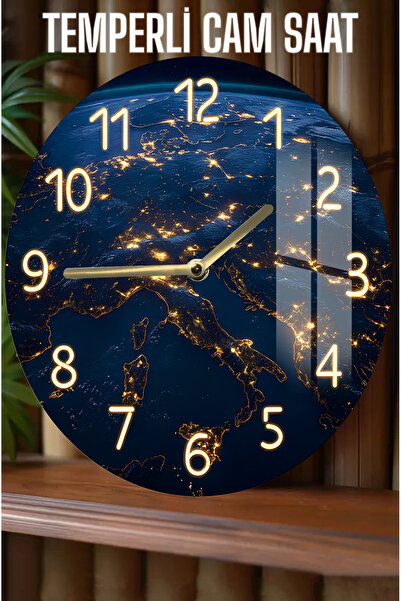 kutuTR Dünya Haritası Gece Görünümü 3D Görünümlü Temperli Cam Saat – 33 cm CSDW412