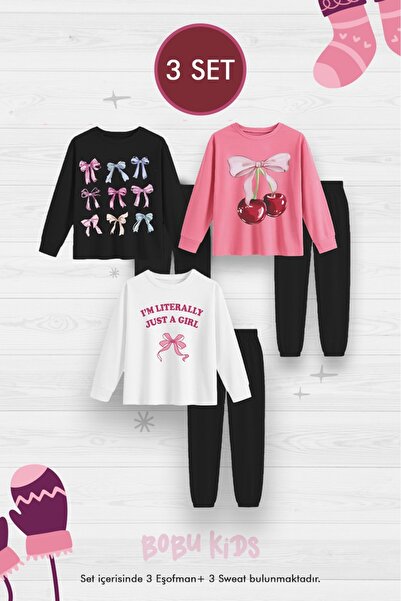 buendiakids Kız/Erkek Çocuk 6`Lı Paket Kurdeleler Kiraz Baskılı Bisiklet Yaka Eşofman Altı Takım