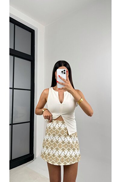 Gaus Taş Etnik Desenli Keten Şort Etek GAUS-0062