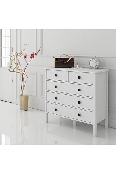 Sakura Ahşap Hunerika Ancona 5 çekmeceli şifonyer-Wood Beyaz-Minifiks Bağlantılı