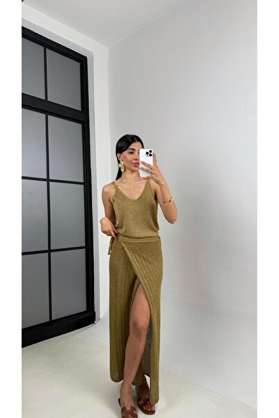 Gaus Gold Simli Önden Bağlamalı Tasarım Triko Etek Gaus00566