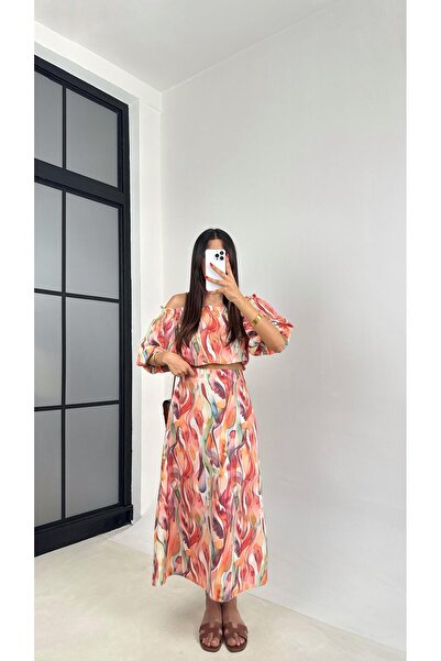 Gaus Pembe Desenli Balon Kol Crop Etek İkili Keten Takım GAUS-0055