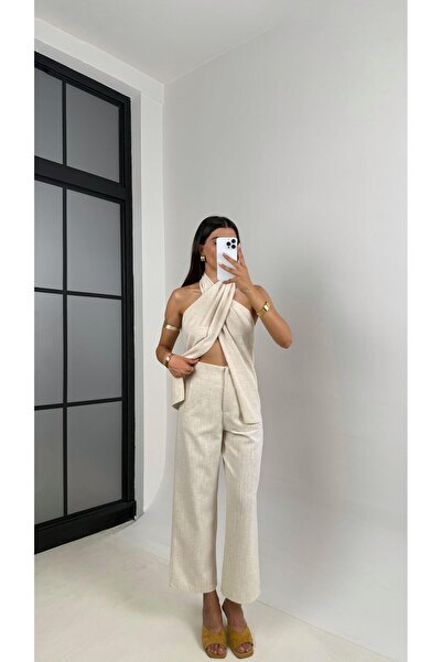 Gaus Taş Boyundan Bağlamalı Sırt Dekolteli Bluz Pantolon Tasarım İkili Keten Takım Gaus00684