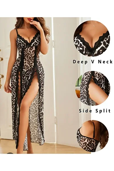 STARRY NIGHT Leopard Print Deep Slit Lace Detail Long Nightgown