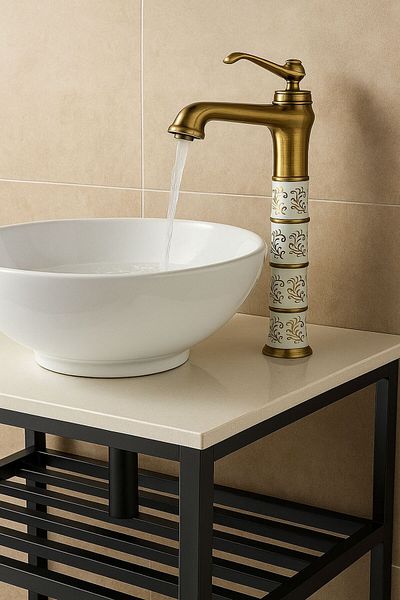 RUDİS Armature Premium Antique Gold Brass Bowl Sink Faucet – Waterfall Design with Ceramic Detail