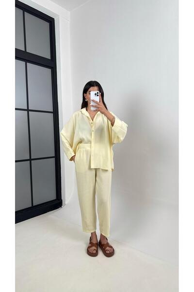 Gaus Sarı Önü Düğmeli Gömlek Beli Lastikli Cepli Pantolon MD Muadil Takım TNC...