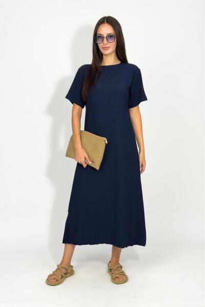 Betimoda Women's Wrinkle Fabric Slit Oversize Short Sleeve Crew Neck Midi Length Dress Navy Blue